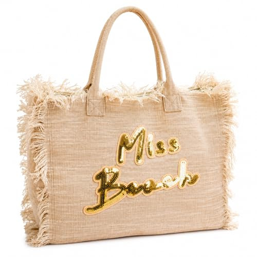 Miss Beach Borsa Mare Donna XL con Zip – Shopper Spiaggia Grande Canvas con Pochette