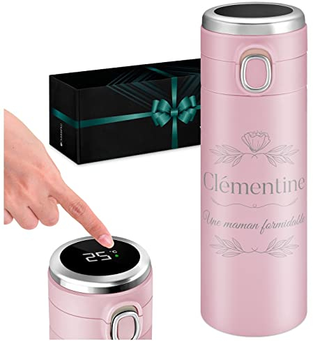Maverton Tasse thermo avec gravure - Bouteille isotherme avec personnalisation - Mug rose avec afficheur à LED - Pour anniversaire - Tasse café pour femme - Mug à personnaliser - FLEUR