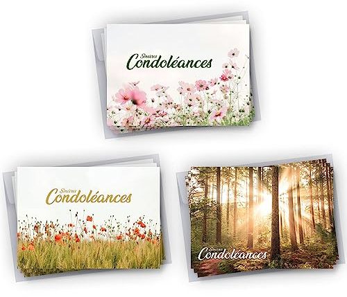 Cadeau Parfait Lot 9 cartes Condoléances + 9 Enveloppes autocollantes • 3 visuels différents (Fleurs, Blé, Forêt) • Format 10x15 cm