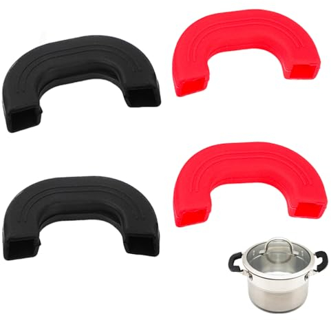 Eruceky 4 Stück Kochen Topfgriff, Silikongriffe für Töpfe, Hitzeschutz Klemmgriffen, für Die Meisten Töpfe und Pfannen, Wie Suppentöpfe, Kochtöpfe, Bratpfannen, Woks aus Gusseisen (Rot，Schwarz）