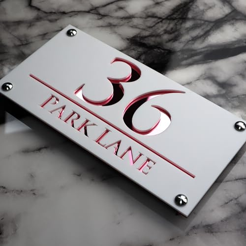 K SMART SIGN | LUXE H3 F32 | House Numbers Plaques House Numbers Door Laser Signs Number Name Personalised Plaques For Outside 3D Laser Cut acrylic Mirrored Marble (Matt White & Rose Gold Mirror)
