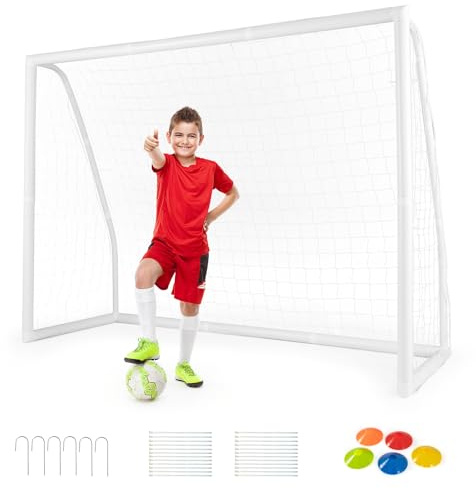 COSTWAY Porteria Futbol Niños, Porterias de Futbol para Jardin, Marco de UPVC, Montaje Rápido, Red Porteria Futbol, 245 X 182 CM, Blanco