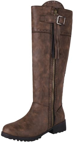rismart Mujer Botas a la altura de Rodilla Largas Punta Redonda Tacón Grueso Cremallera Zapato Otoño Invierno Marrón PU,39