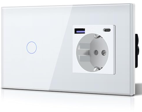 BSEED Lichtschalter mit Steckdose 20W USB C, Schnellladegerät Wandsteckdose aus Glas, 1 Fach 1 Weg Touch Schalter, Einfache Installation, 240V 16A, 157mm Weiß