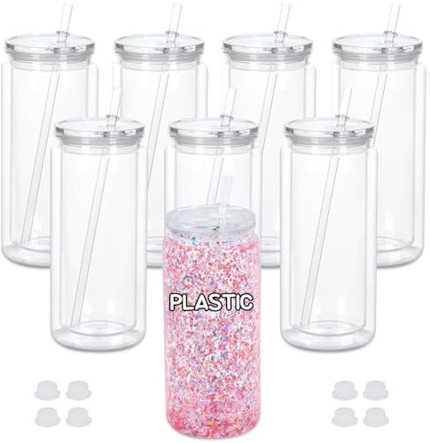 Maucircol 20 Oz Plastic Snowglobe Tumbler, 8 Pack Pre-Drilled Double Wall Acrylic Snow Globe Cup, Plastic Clear Cup for Snowglobe, with Clear Lid