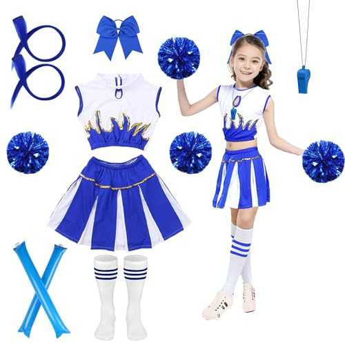 Shinybox Cheerleader Kostüm Kinder, Faschingskostüme Kinder Cheerleading mit Pompons, Socken, Pfeift Aufblasbare Cheer Sticks, Bowknot Kopfschmuck und Perücken für Karneval Halloween(Blau,160)
