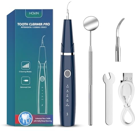 HOKIN Pulizia Denti Tartaro Ablatore Kit - Igiene Dentale per Placca e Tartaro Rimozione Sbiancamento Denti kit con specchietto dentista, per Cura Orale Domestico Rimozione, Placa (blu)