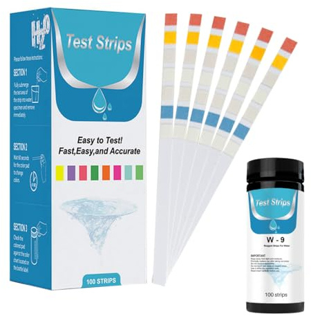 DONGKER Bandelettes de Test pour Aquarium 9 en 1,Kit de Test d'eau pour Aquarium de 100 Bandelettes,Test Précis du PH,Carbonate,Dureténitrate,Nitrite,Chlore Résiduel,Fer