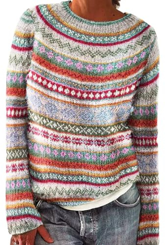 Jumpers for Women UK Long Sleeve Plus Size Womens Sweaters Fairisle Norwegian Retro Knitted Fairisle Print Sweaters Casual Loose Lightweight Crewneck Striped Jumpers Basic Fairisle Jumper Women Blue