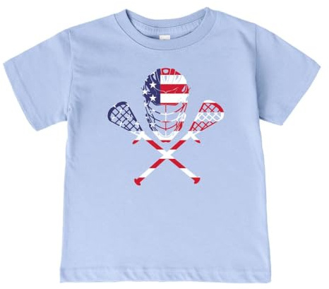 Kids Patriotic Lacrosse Shirt – USA Flag Lacrosse Helmet & Sticks Infant Short Sleeve T-Shirt, Light Blue 18 Months