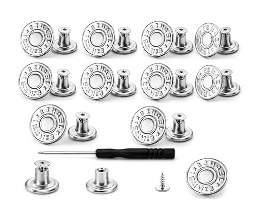 Silver Metal Jean Button Pins, No Sew, 17mm, Pack of 10, with Screwdriver