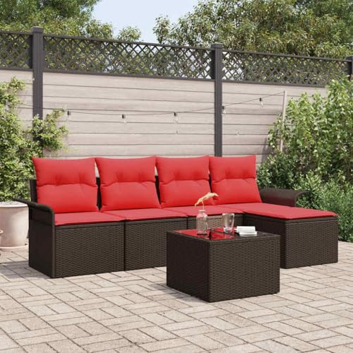 PUGYNBK Set di divani da giardino modulari con vano portaoggetti, 6 pezzi, in polyrattan marrone, set divano da giardino con contenitore da 6 pezzi, gruppo seduta con cuscini in poliestere e acciaio