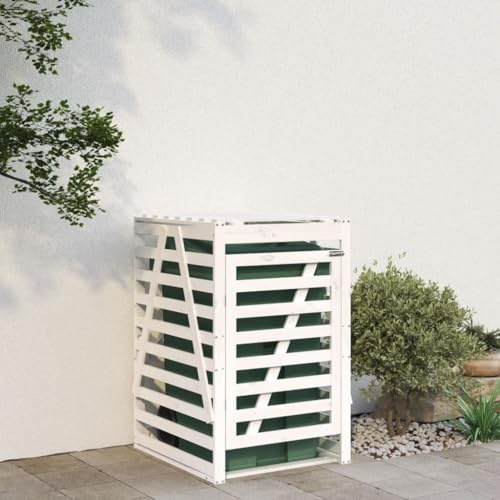 Kaloriko Cassetta per bidone della spazzatura bianca in legno di pino massiccio, 84 x 90 x 128,5 cm, con porta richiudibile, in legno resistente alle intemperie, protezione da sguardi indiscreti e