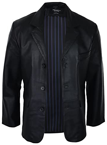 Giacca Nera Lunga da Uomo in Vera Pelle Stile Blazer Classico Retro Vintage nero l
