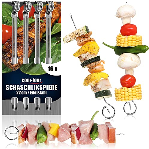 com-four® 16x Schaschlikspieße 22 cm aus Edelstahl - Lange Fleischspieße - Premium Grillspieße, Gemüsespieße im Set für BBQ, Grill, Fleisch, Schaschlik und Gemüse (22cm - 16 Stück)