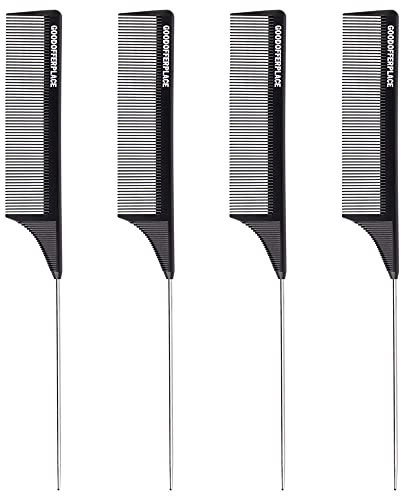 Goodofferplace 4 PCS Rat Tail Combs Parting Rattail Combs Teasing Fine Tooth Comb with Metal Pick for Curly Hair,Detangling Combs for Women,Parting Combs for Braiding,Styling Hair(Black)