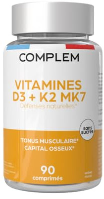 COMPLEM Vitamine D3 K2 MK7 2000 UI, D3 d’origine végétale & K2 naturelle, 90 comprimés goût fraise à croquer, Complément alimentaire Immunité, Os & Assimilation du Calcium, Vegan, Fabriqué en France
