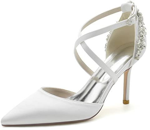 Décolleté Donna Scarpe con Tacco Alto in Raso, Punta a Punta, Tacco Sottile, Strass, Fibbia con Cinturino Incrociato, Abito da Sposa e Festa, Pompe, Bianca, 37 EU