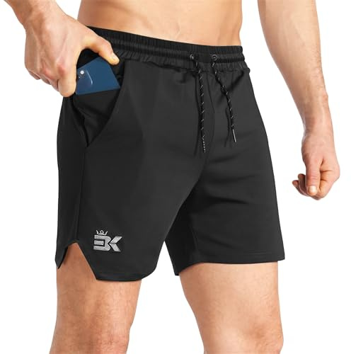 BROKIG Pantalones cortos de gimnasio ligeros para hombre, pantalones cortos de 5 pulgadas para deportes, correr, entrenamiento, tenis, rugby, fútbol, con bolsillo con cremallera, Negro, L