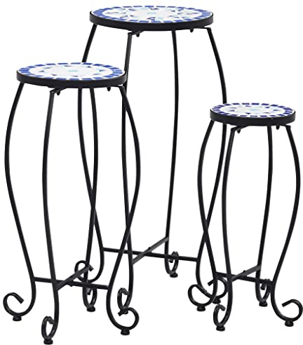 puraday Lot de 3 tables de jardin en mosaïque - Résistantes aux intempéries - Rondes - En céramique - Bleu et blanc