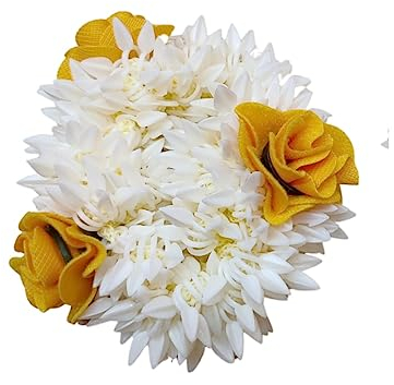 Traditional Indian Hair accessories Small White Gajra with yellow rose Artificial Flower Jewelry Handmade Veni tiara For Women Party Wear bridal mehndi Hair Bun (1 pc)