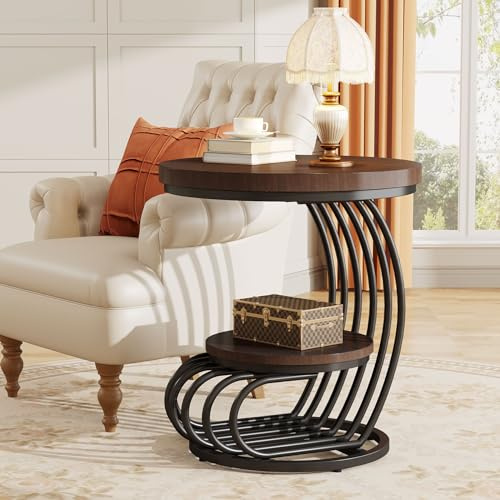 Tribesigns Round End Side Table: Side Table with 2 Tiers Storage Shelves, Vintage End Table for Living Room, Small Bedside Table Accent Table with Arc-Shaped Frame, Rustic Brown