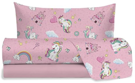 hermet Jolly - Juego de sábanas para Cama Individual con diseño de Unicornio, 100% algodón, sábana encimera + sábana Bajera + Funda de Almohada, Color Rosa