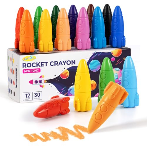 JUPITEARTH Buntstifte in 12 Farben für Kleinkinder, ungiftige, abwaschbare Raketen-Buntstifte, leicht zu haltende Malgeschenke und Künstlerbedarf für kleine Hände