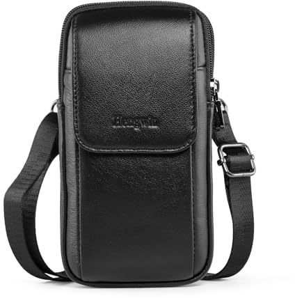 hengwin Multifunzionale Vera Pelle Doppia Cerniera Tasche Uomini Vintage Look Borsa a Tracolla Cellulare Cintura Cellulare Custodia Per Viaggi, Attività All'aperto (Nero)