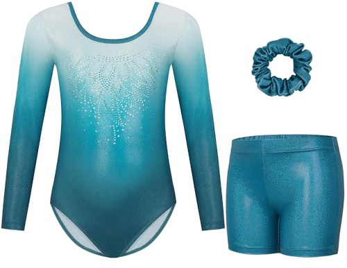 Gogokids Mädchen Dreiteilige Gymnastikanzüge, Langärmliges Gymnastik Set mit Shorts und Haarband, Glitzernde Balletteinheitstrikots - Gymnastik Outfit mit Farbverlaufdesign für 11-12 Jahre
