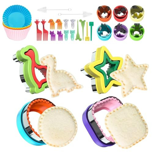 Lumeclat Kit di 30 Formine per Biscotti in Acciaio Inox, con Stuzzicadenti, Formine per Pane, Bicchieri di Carta e Spazzola - Motivi Dinosauro e Stella, Ideale per Biscotti Fai Da Te, Sandwich & Bento