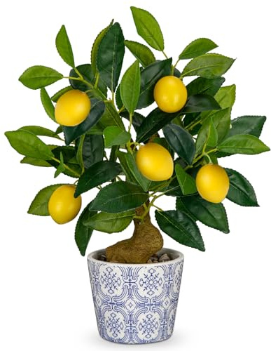 Konstgjord växt dekorativ växt citronträd 40 cm plast krukväxter blå vit porslin krukväxter med citrongren citron frukt dekoration