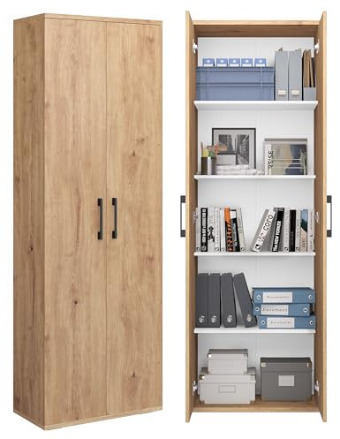 Bellamio Apol Aktenschrank Eichenoptik – Mehrzweckschrank 60 cm breit – Hochschrank aus Holz – Aufbewahrungsschrank mit Doppeltüren & 5 Fächern – Büroschrank, Flurschrank, Allzweckschrank