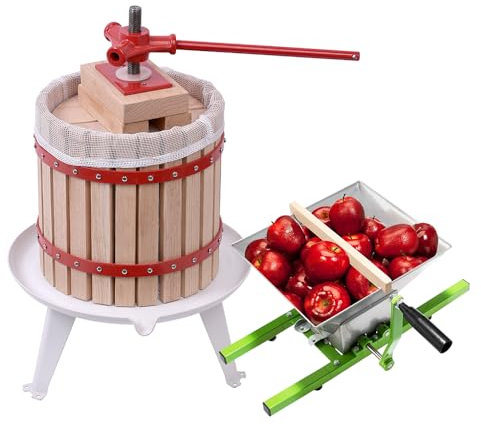 FIVMEN Obstpresse 12L Manuell Apfelpresse inkl. Presstuch Druckplatte und Metallspindel Saftpresse + Edelstahl Obstmühle 7L Saftpresse Weinpresse Fruchtpresse Beerenpresse