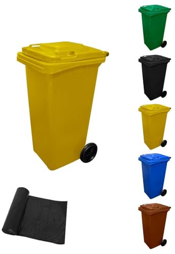 Jardin202 - Contenedor de Basura Reciclables de Colores con Ruedas | Mango antideslizante | 120 L + Bolsas (Amarilla)