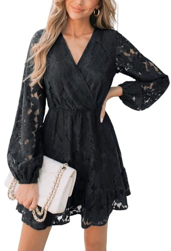 CUPSHE Women Elegant V Neck Lace Peasant Sleeve Summer Dress Elastic High Waist A Line Casual Sun Dress Spring Fall Wedding Guest Mini Dress, Black S
