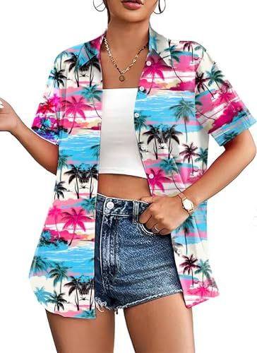 hohololo Hawaiiskjorta för damer, Hawaiihemd för kvinnor, Hawaii outfit, kortärmad skjorta, S–XXL, Mehrfarbig3, L