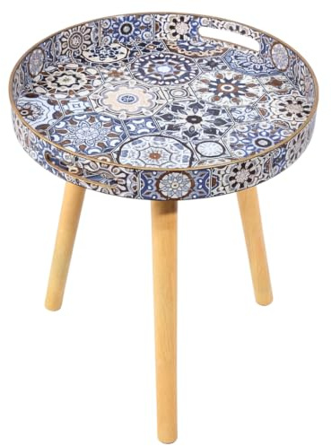 Heaven4you Round Bedside End Table with Mandala Pattern | Natural Wooden Legs | Decorative Accent Table for Small Spaces (Moroccan)
