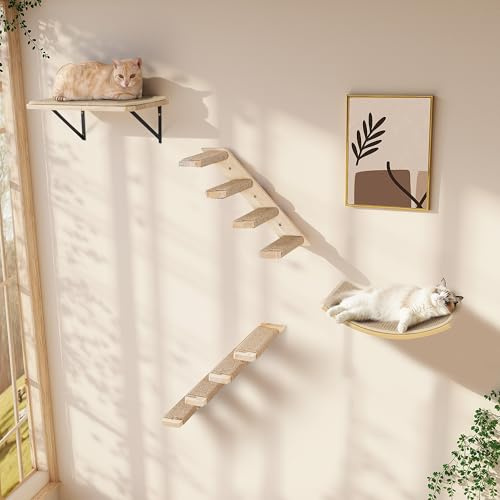 Gatos Escalada Pared Escalera Gato Juego de Pared con 2 Niveles Plataformas Cuadradas y Curvadas, Muebles de Pared de Madera para Gato Montado en Pared Juego para Escalar Jugar Dormir
