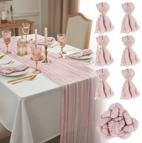 FALSKT Camino de Mesa Rosa 300cm×90cm y 6 servilletas con Anillos 50cm×50cm, Bohemio Camino de Mesa Moderno Tul Rosa Decoracion Mesa Comedor Table Runner de Mesa Textura de Pliegues