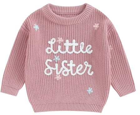 Sister Matching Clothes Big Sister Jumper Little Sister Sweater Toddler Baby Girl Knitted Pullover Top Fall Winter Knitwear Clothing (Little Sister Dark Pink, 3-6 Months)