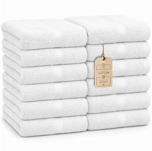 HomeBurg Luxe set med 12 tvättlappar – 100% bomull, mjuka och absorberande, lättskötta, premium för ansikte, 30×30 cm, Vit