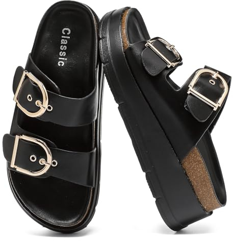 Otoepazm Sandales Plateforme Femme Bride Réglable Boucle, Semelles Épaisses Mules Semelle Liège, Chaussures Plage Plateau, Sandales d'Été Légères Maison, Chaussons Confortables Antidérapants