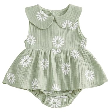 XIXIMAON Newborn Baby Girl Romper Dress Doll Collar Sleeveless Daisy Flower Print Jumpsuit Infant Girl One Piece Clothes (Green, 0-3 Months)