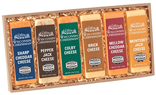 The Wisconsin Cheeseman Assorted Cheese Bars – Sharp Cheddar, Colby, Pepper Jack, Brick, Monterey Jack, Mellow Cheddar – Gift Basket for Adults, Holiday or Thank You Gifts – Pack of 6