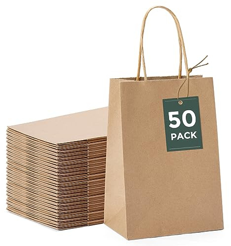GSSUSA 5.25x3.75x8 50Pcs Brown Paper Bags,Small Gift Bags,Brown Paper Gift Bag for Small Business,Sturdy Kraft Paper Bags, Retail Shopping,Birthday,Candy