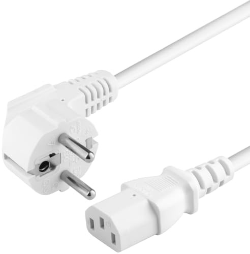 PremiumCord Câble d'alimentation de 230V 2m, Câble d'alimentation avec Contact de Mise à la Terre à Angle par Papport à la Prise C13, IEC de Fourniture PC à 3 Broches C13, Couleur Blanche
