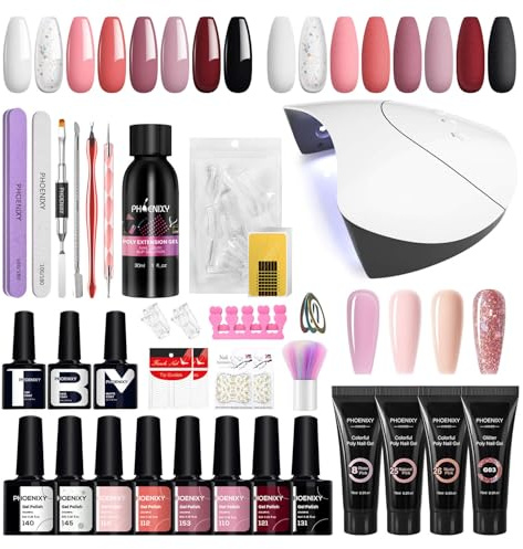 Phoenixy Kit Uñas de Gel 8 Colores Pintauñas Semipermanentes + 4 Colores Gel de Extensión de Uñas Kit Uñas Semipermanente con U V/LED Lámpara