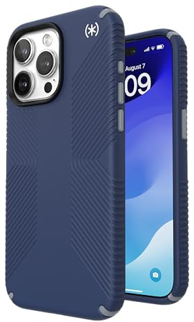 Speck iPhone 15 Pro Max Hülle – MagSafe kompatibel, Fallschutzgriff – Kratzfest, weiche Haptik, 6,7 Zoll Handyhülle – Presidio2 Grip Coastal Blue/Dust Grey/White