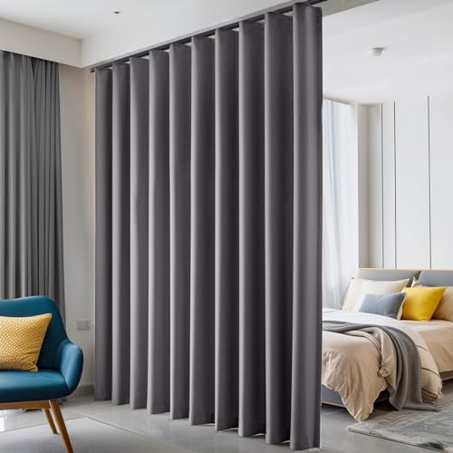 Hoeflife Room Divider Curtains Blackout Ceiling Track Curtain with Hook Wall Mount Sliding Door Curtains Ceiling Mount Extra Wide Curtain Wall Divider for Room Separation (Grey, W100 x H84 Inch)